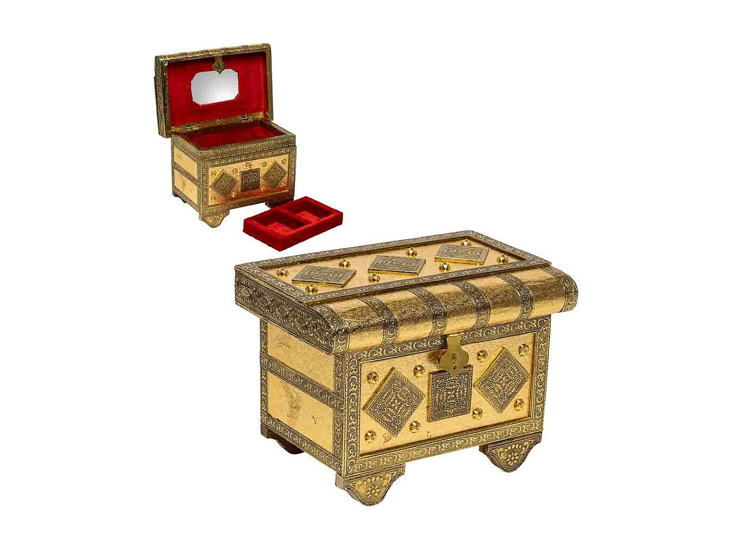 Caixa de joias de metal com relevo dourado 22x14x17