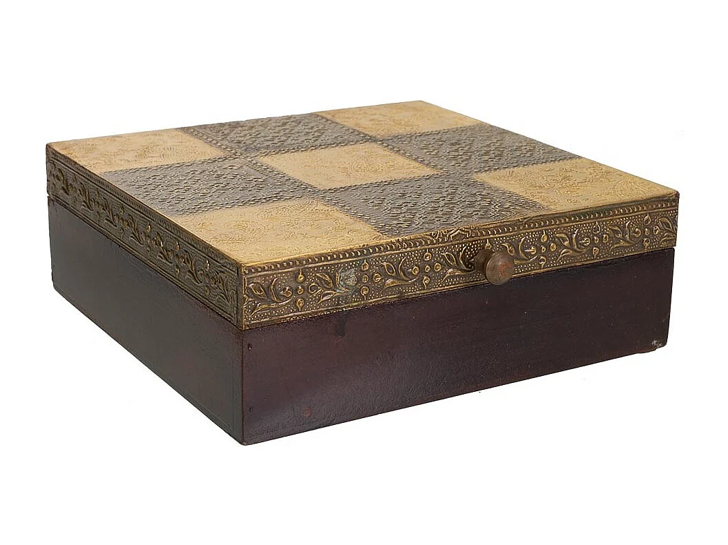Caixa de joias de madeira e metal marrom 20x20x7,5