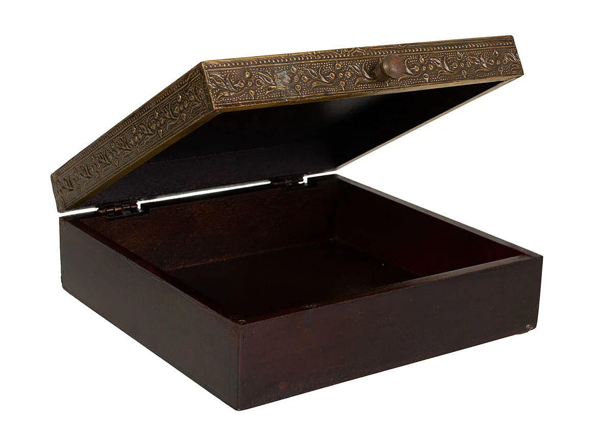 Caixa de joias de madeira e metal marrom 20x20x7,5