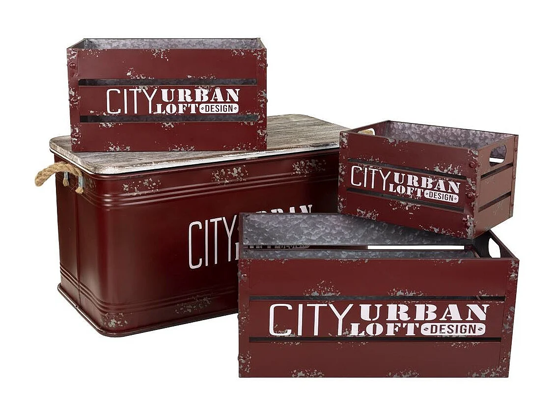 Conjunto baú e 3 gavetas em metal vermelho