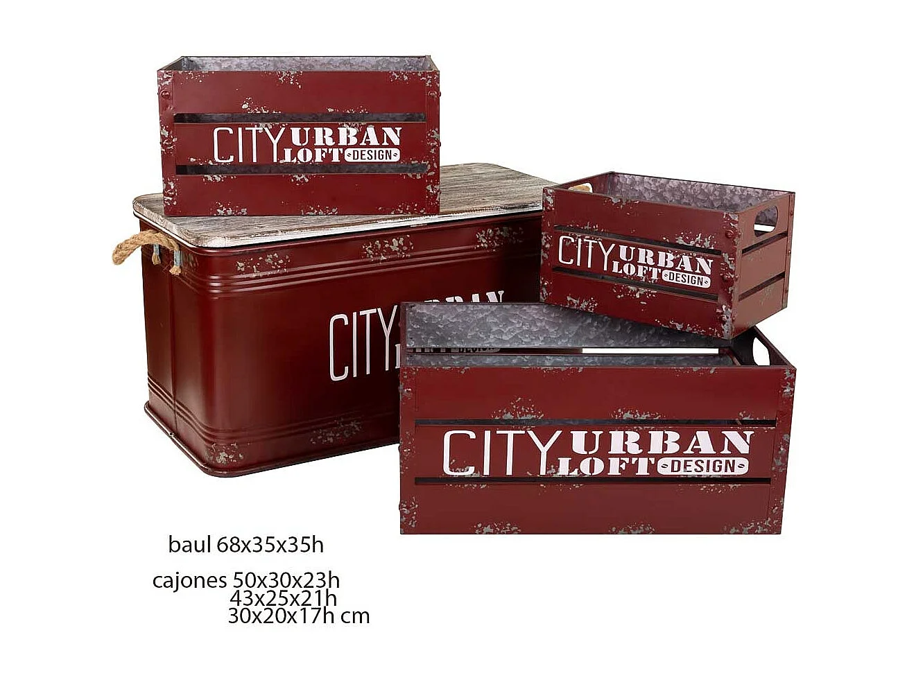 Conjunto baú e 3 gavetas em metal vermelho