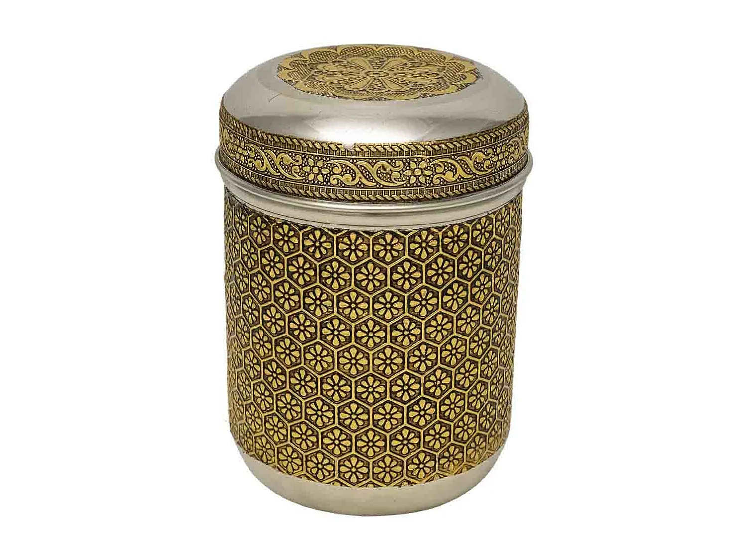 Frasco de metal com relevo dourado 9x9x12 cm