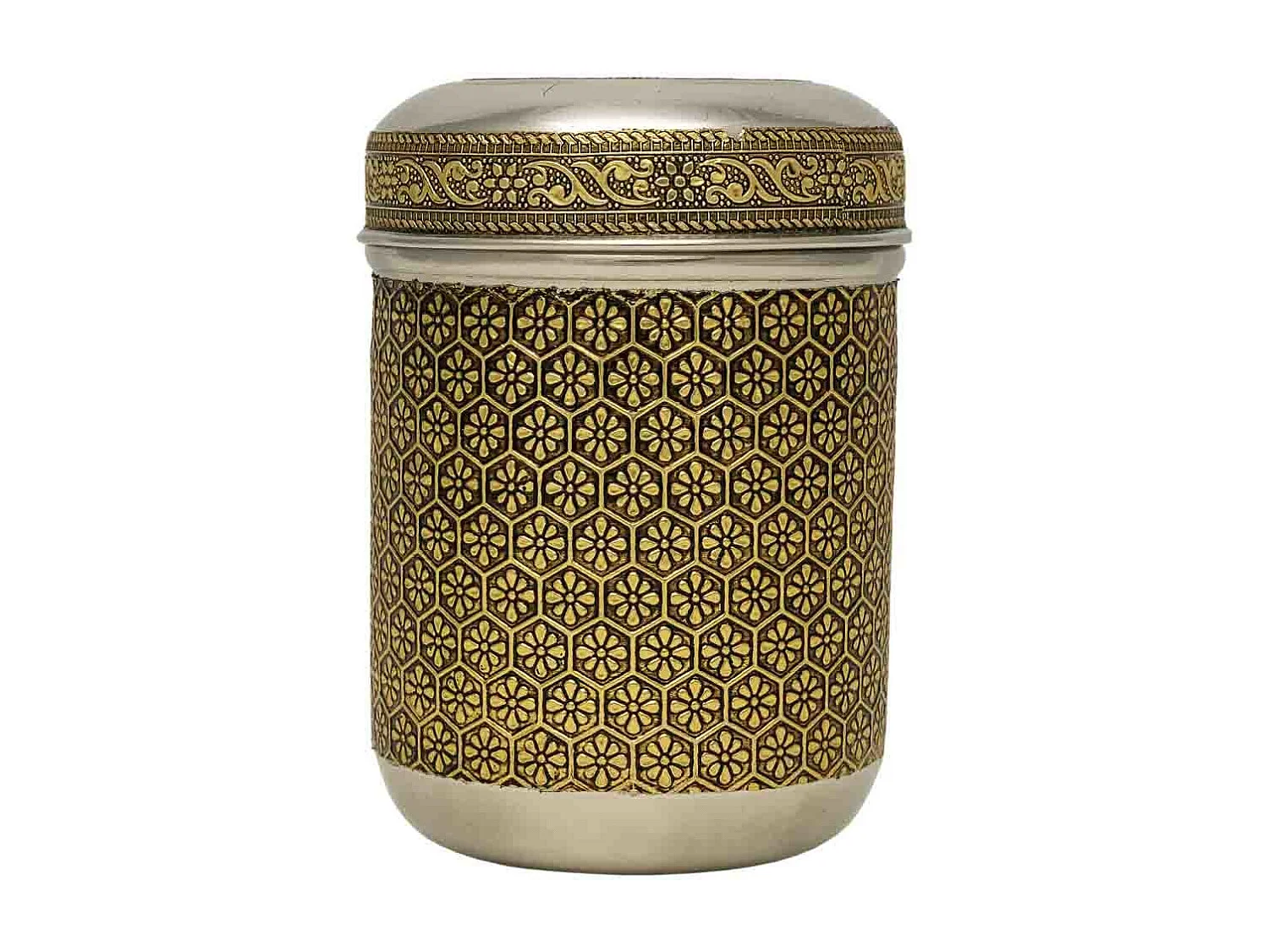 Frasco de metal com relevo dourado 9x9x12 cm