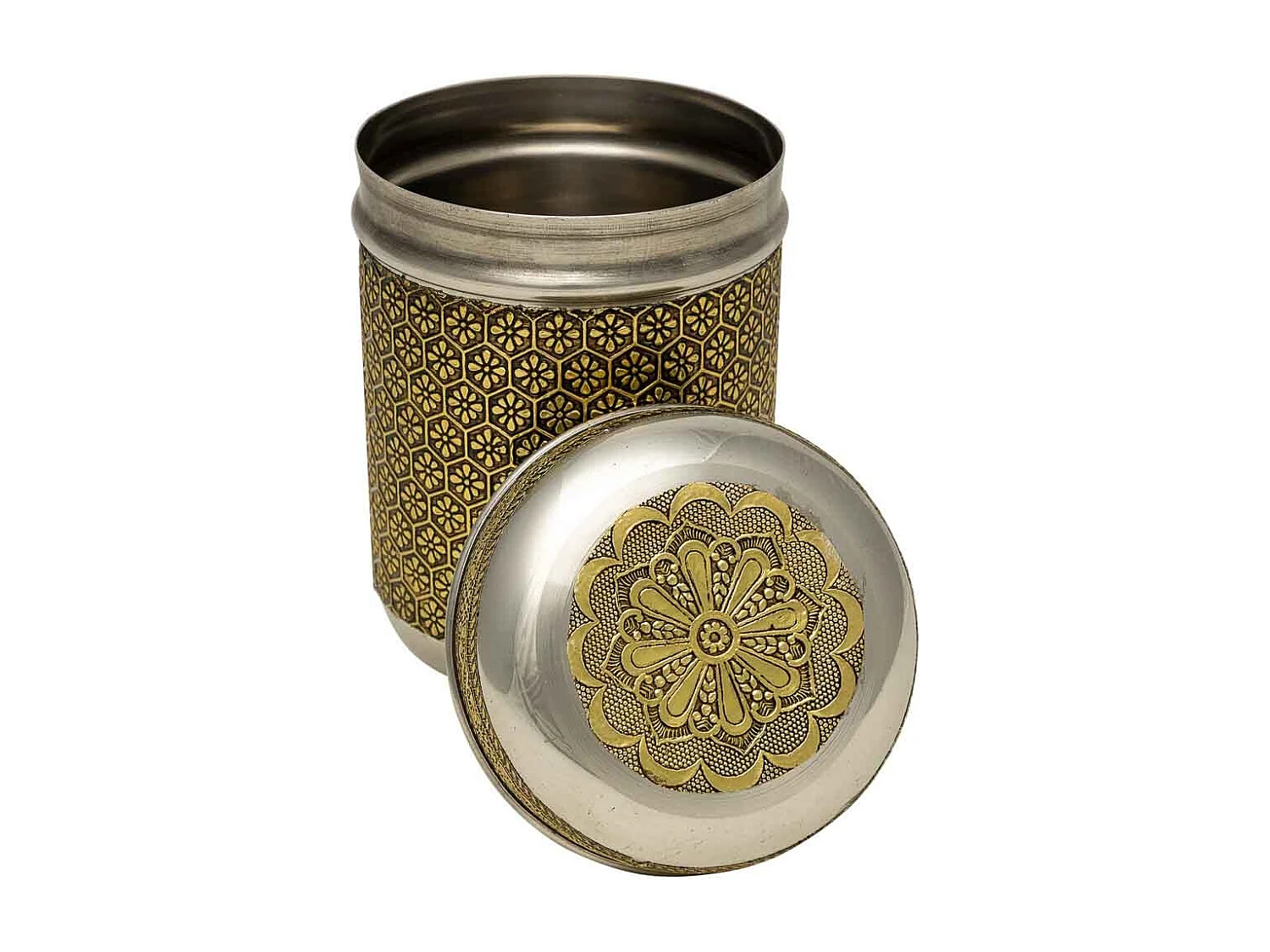 Frasco de metal com relevo dourado 9x9x12 cm