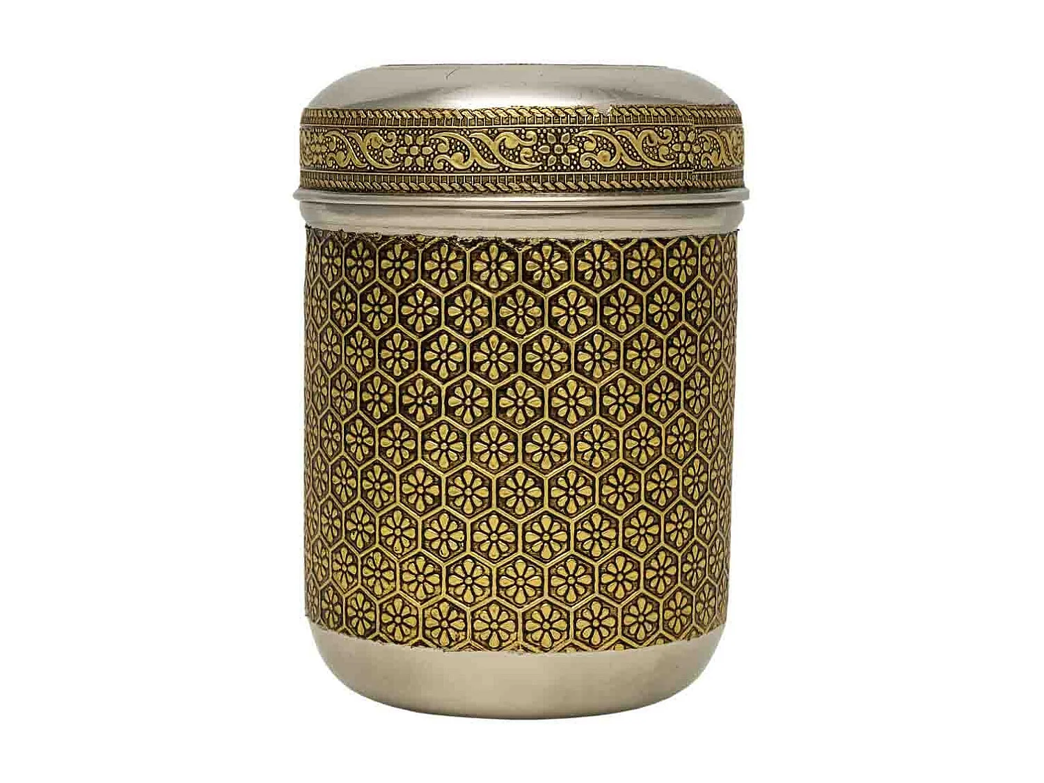 Frasco de metal com relevo dourado 9x9x12 cm