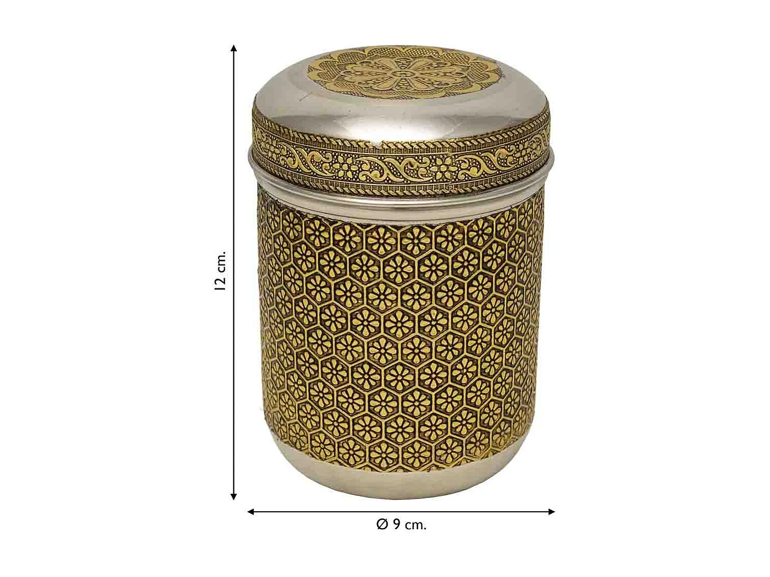 Frasco de metal com relevo dourado 9x9x12 cm