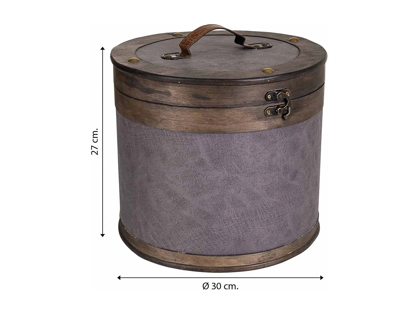 Caja redonda de madera forrada gris 30x30x27