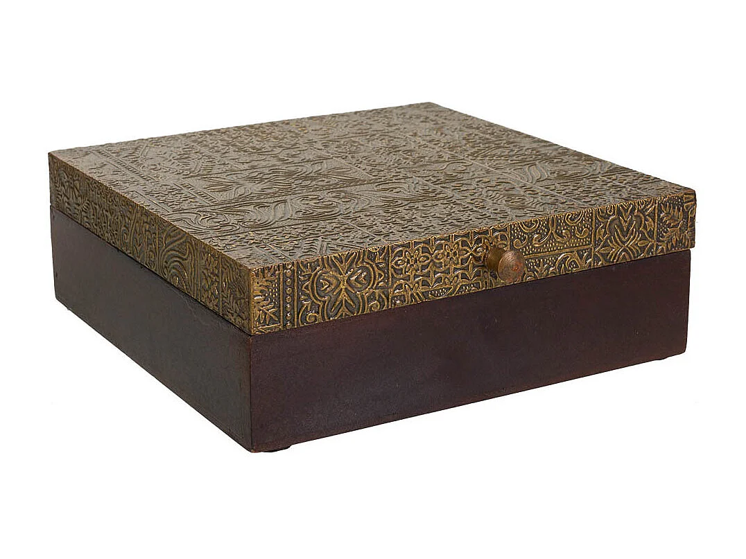 Braune Schmuckschatulle aus Holz und Metall, 20x20x7,5h cm