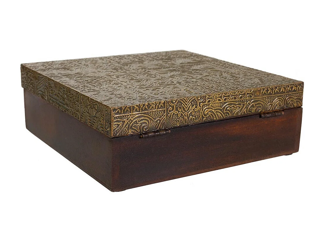 Braune Schmuckschatulle aus Holz und Metall, 20x20x7,5h cm