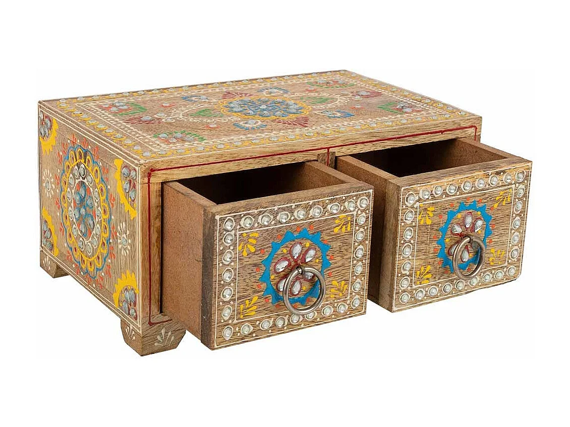 Caja joyero de madera pintado artesanal de 2 cajones marrón 23x14x10h