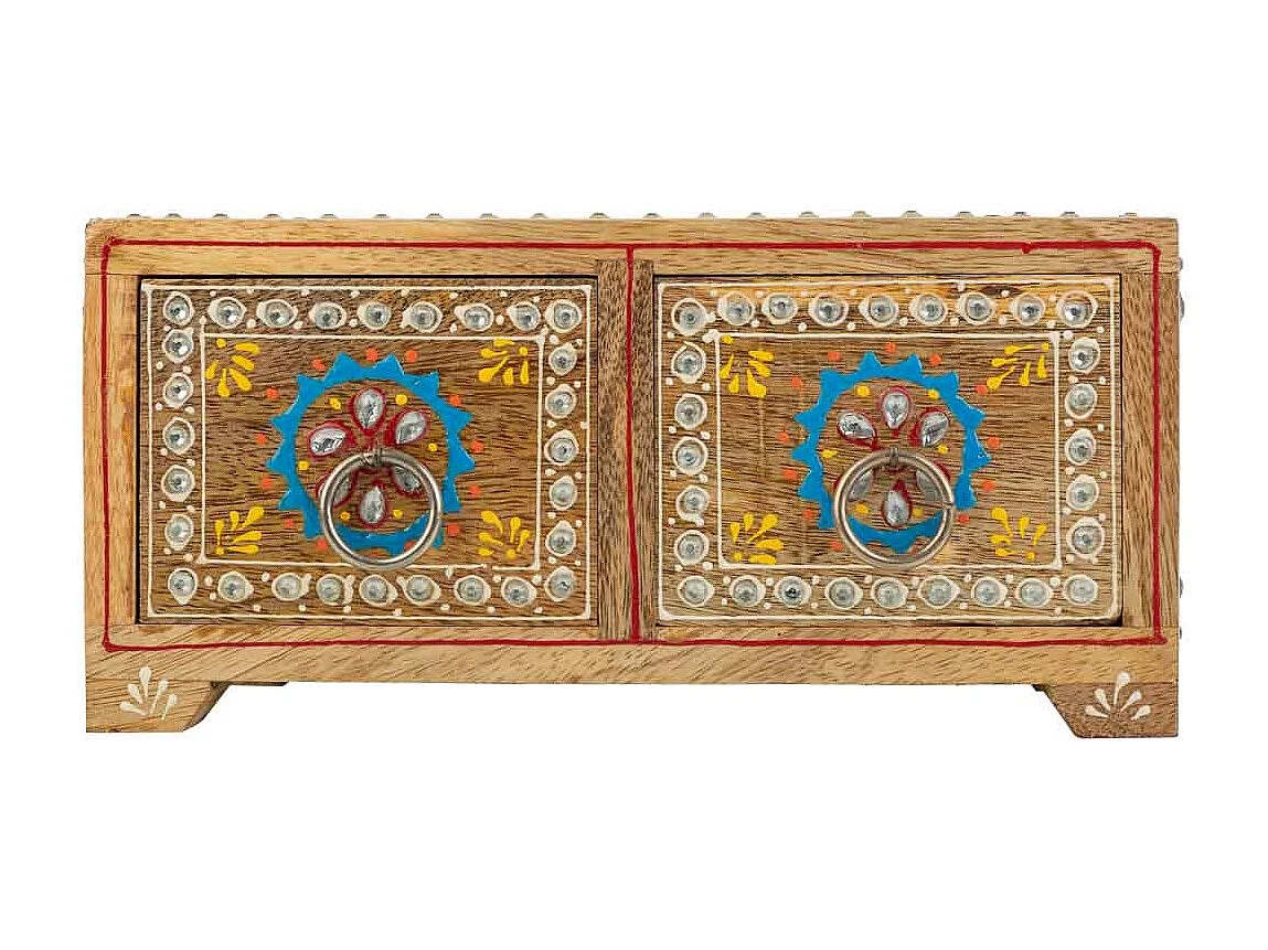 Caja joyero de madera pintado artesanal de 2 cajones marrón 23x14x10h