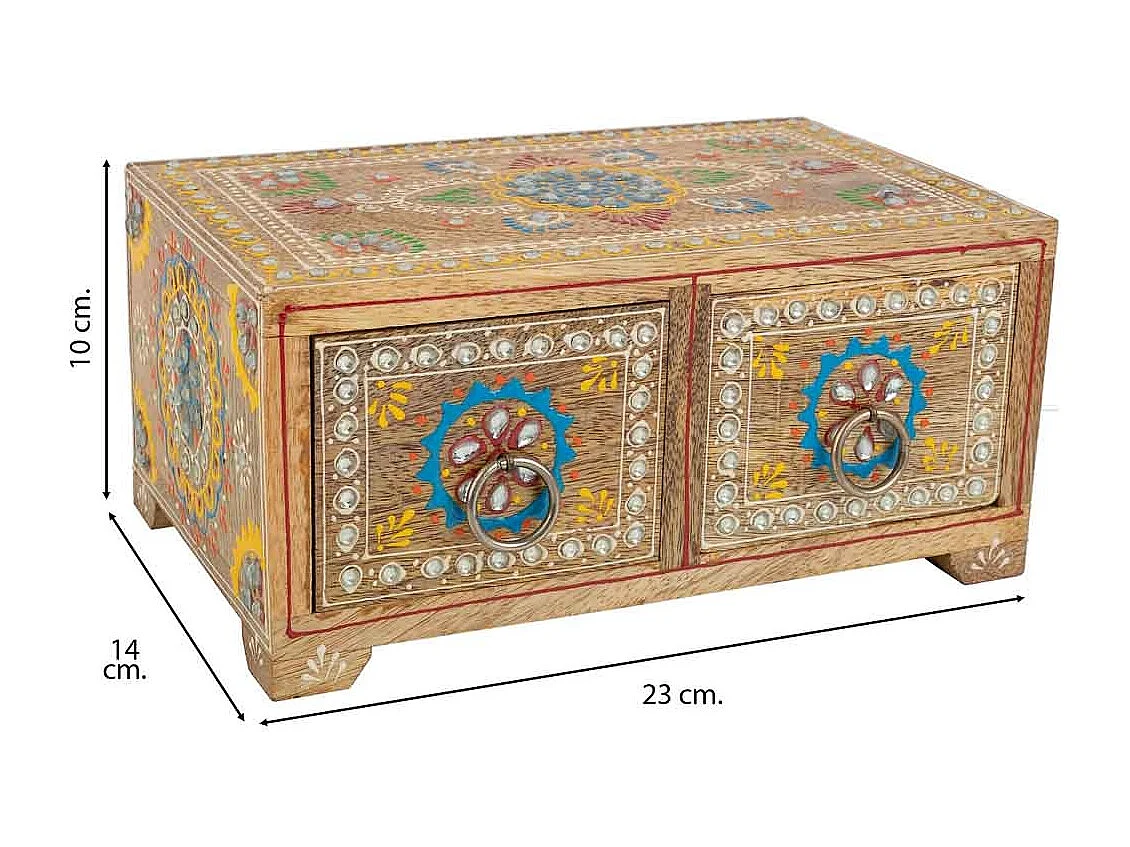 Caja joyero de madera pintado artesanal de 2 cajones marrón 23x14x10h