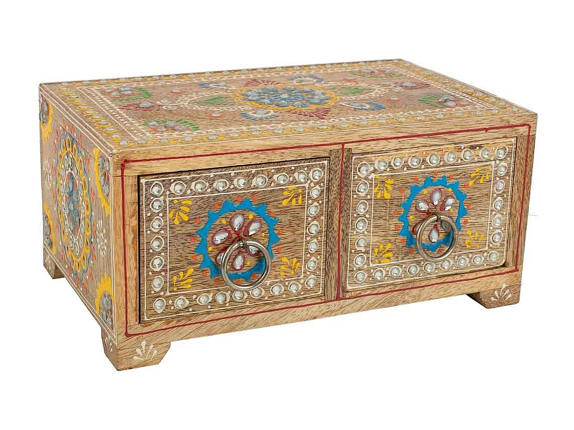 Caja joyero de madera pintado artesanal de 2 cajones marrón 23x14x10h