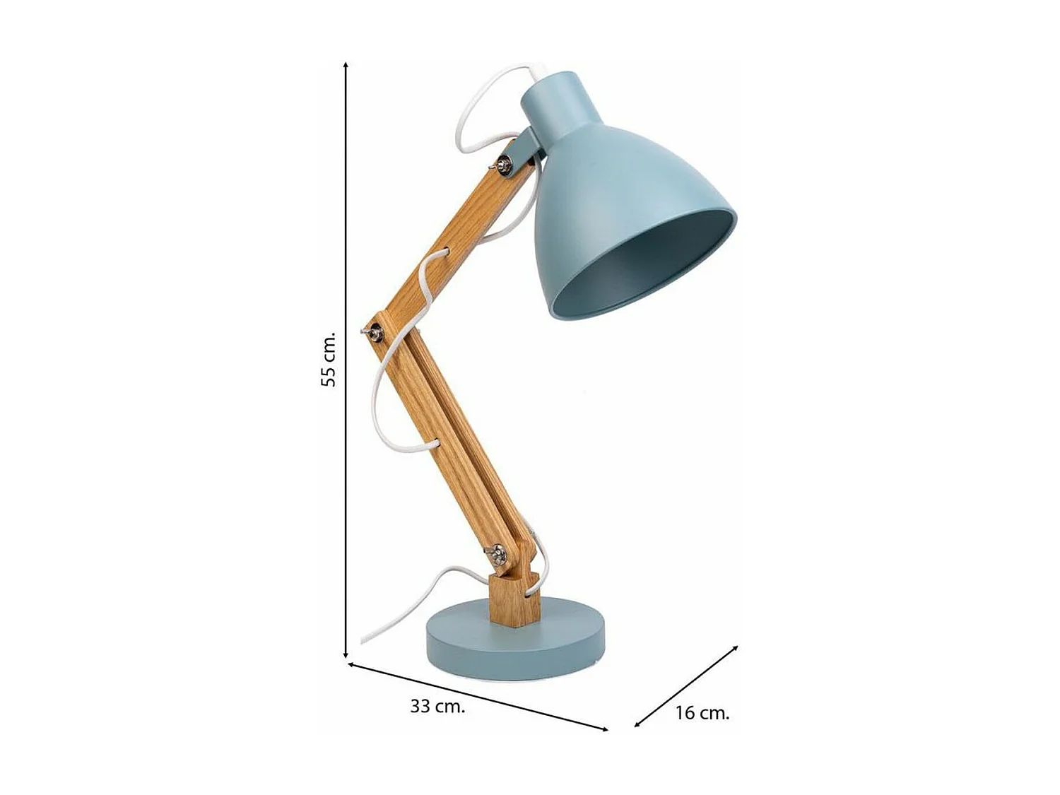 Candeeiro de mesa azul de metal e madeira 33x16x55