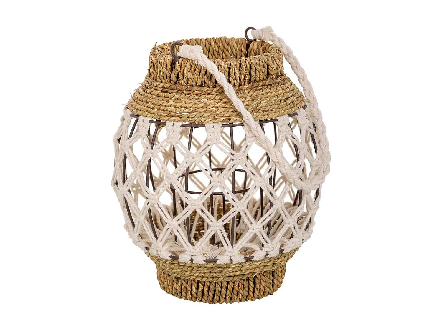 Laterne aus geflochtener Baumwolle und naturbraunem Stoff, 15 x 24 x 28 cm