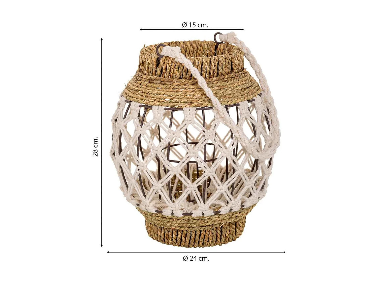 Laterne aus geflochtener Baumwolle und naturbraunem Stoff, 15 x 24 x 28 cm