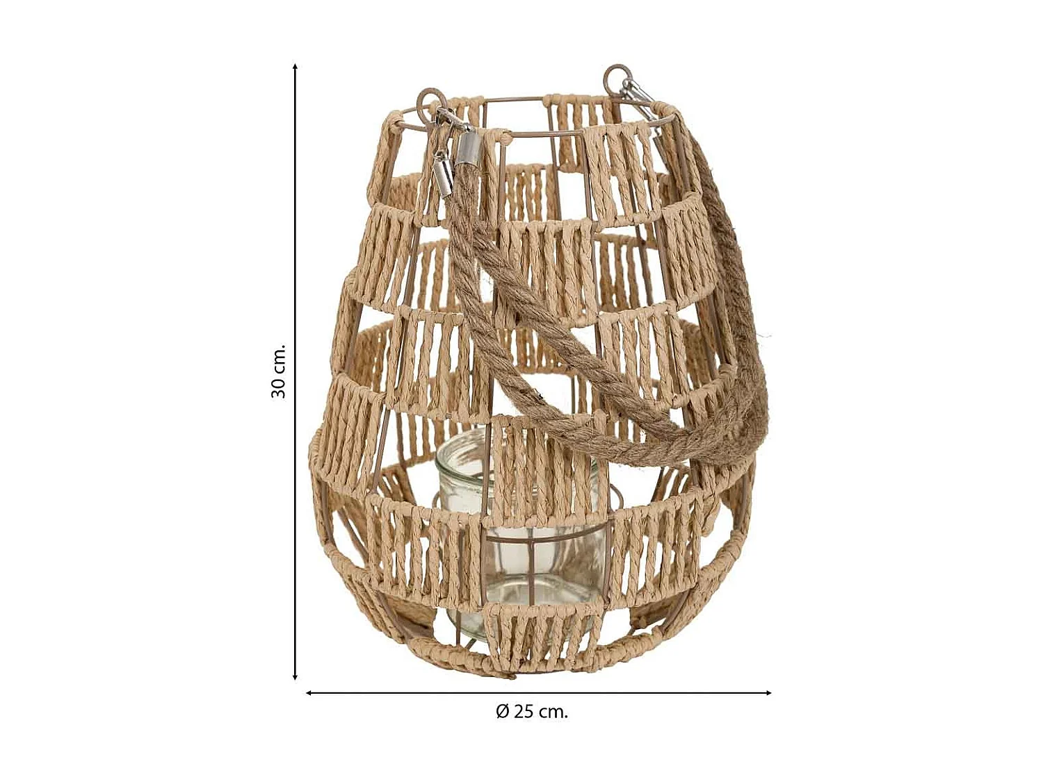 Lanterna portacandele in metallo e corda in carta marrone d25x30h