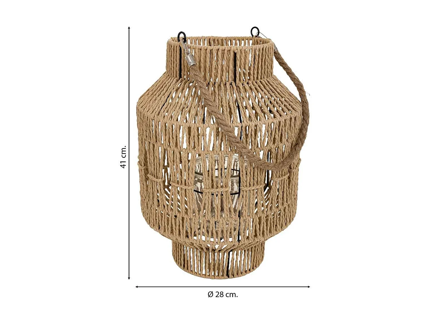 Lanterna portacandele in metallo e corda in carta marrone d28x41h