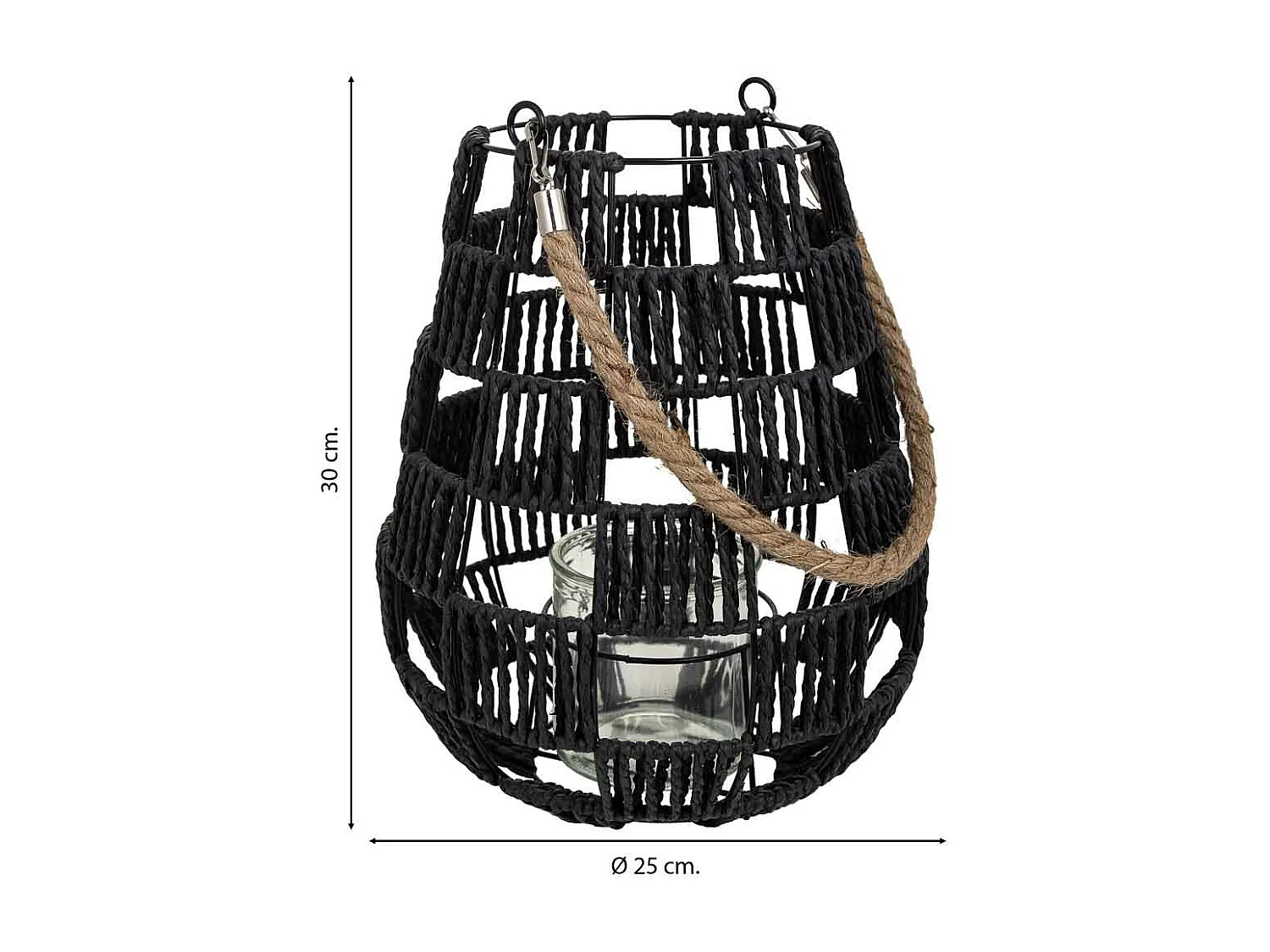 Lanterna de vela de metal e corda de papel preta d25x30