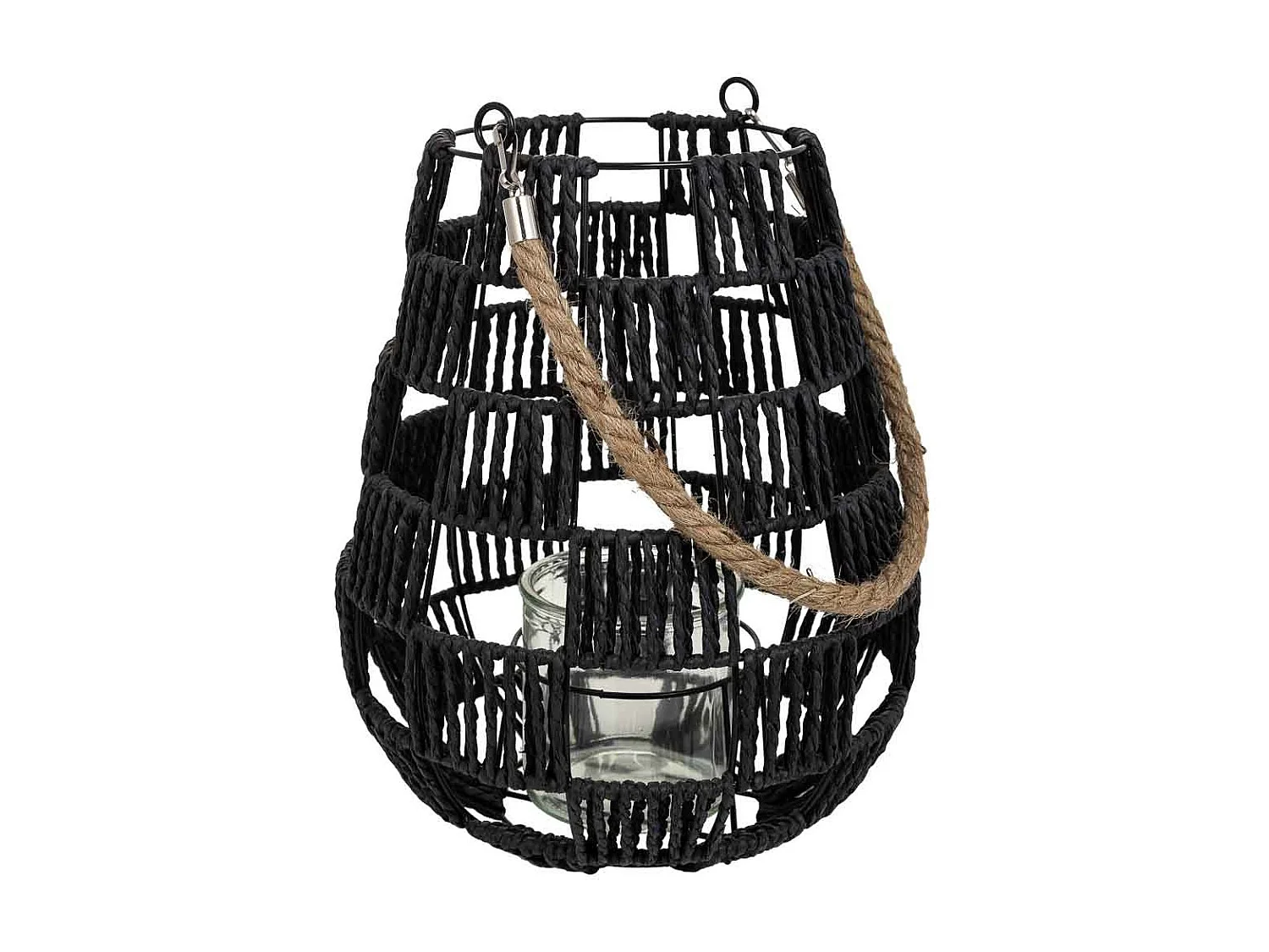 Lanterna portacandele in metallo e corda in carta nera d25x30h