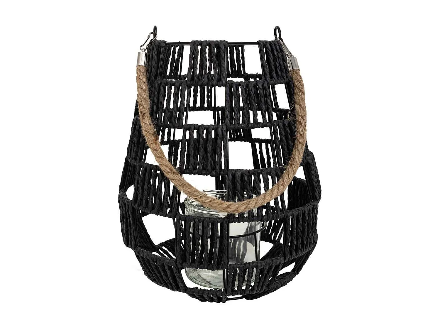 Lanterna portacandele in metallo e corda in carta nera d25x30h