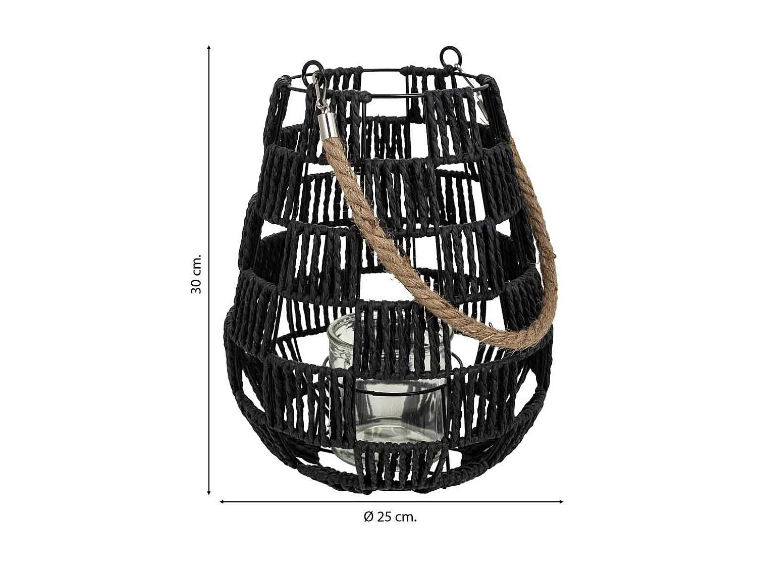 Lanterna portacandele in metallo e corda in carta nera d25x30h