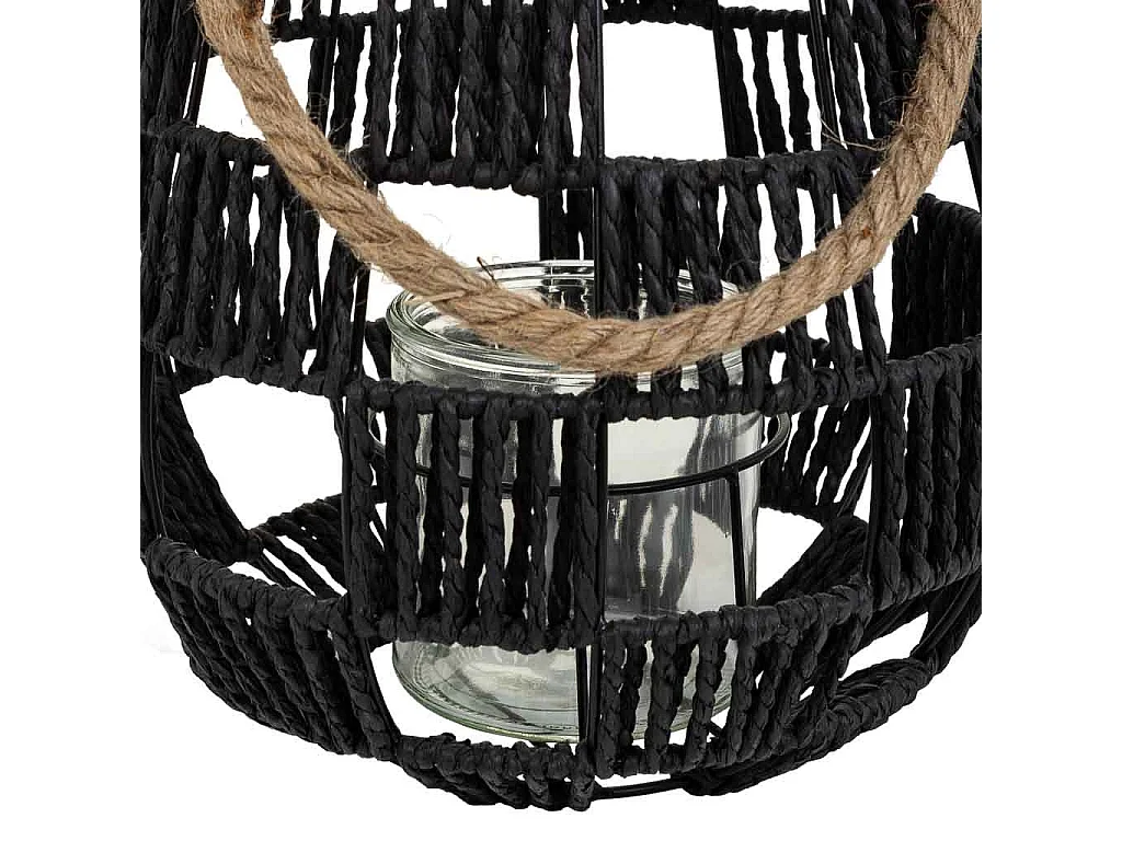 Lanterna portacandele in metallo e corda in carta nera d25x30h