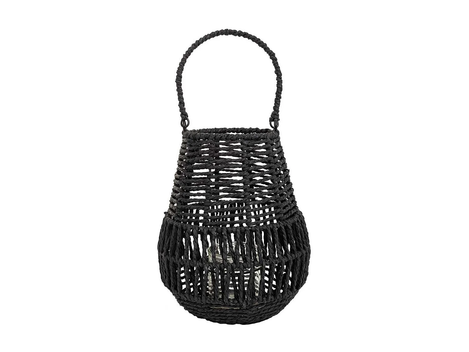 Lanterna portacandele in metallo e corda in carta nera d21x25h