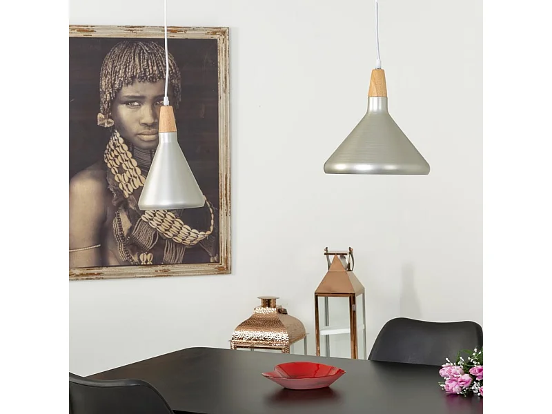 Lustre en bois et métal argenté 18x18x31h