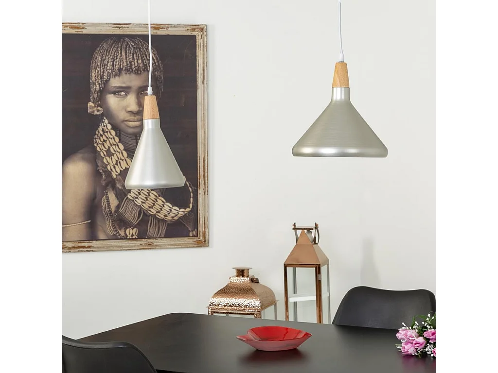 Lampada a sospensione in legno e metallo argento 18x18x31h