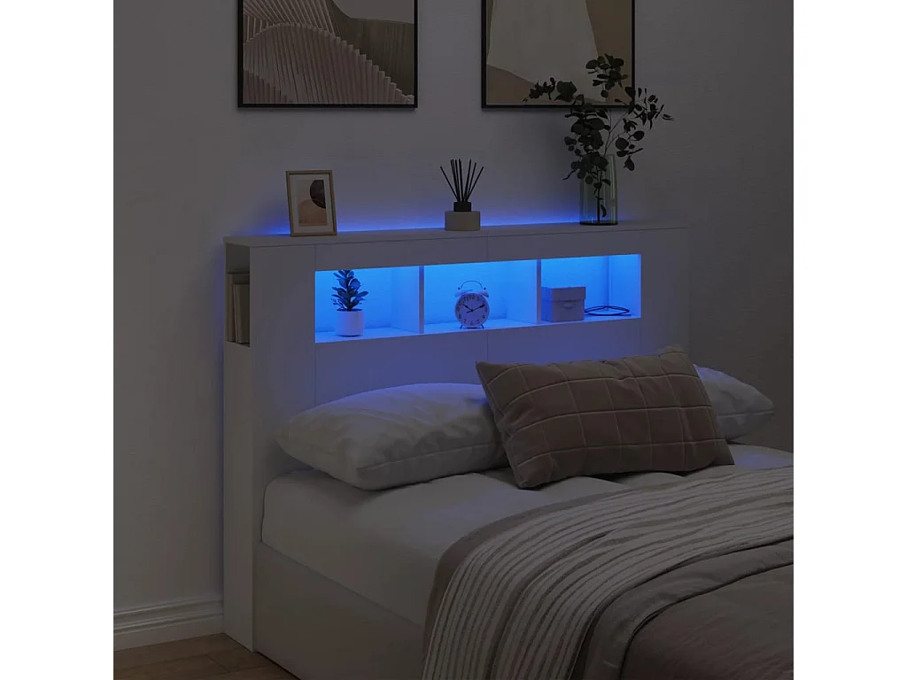 Tête de lit à LED blanc 140x18,5x103,5 cm bois d'ingénierie