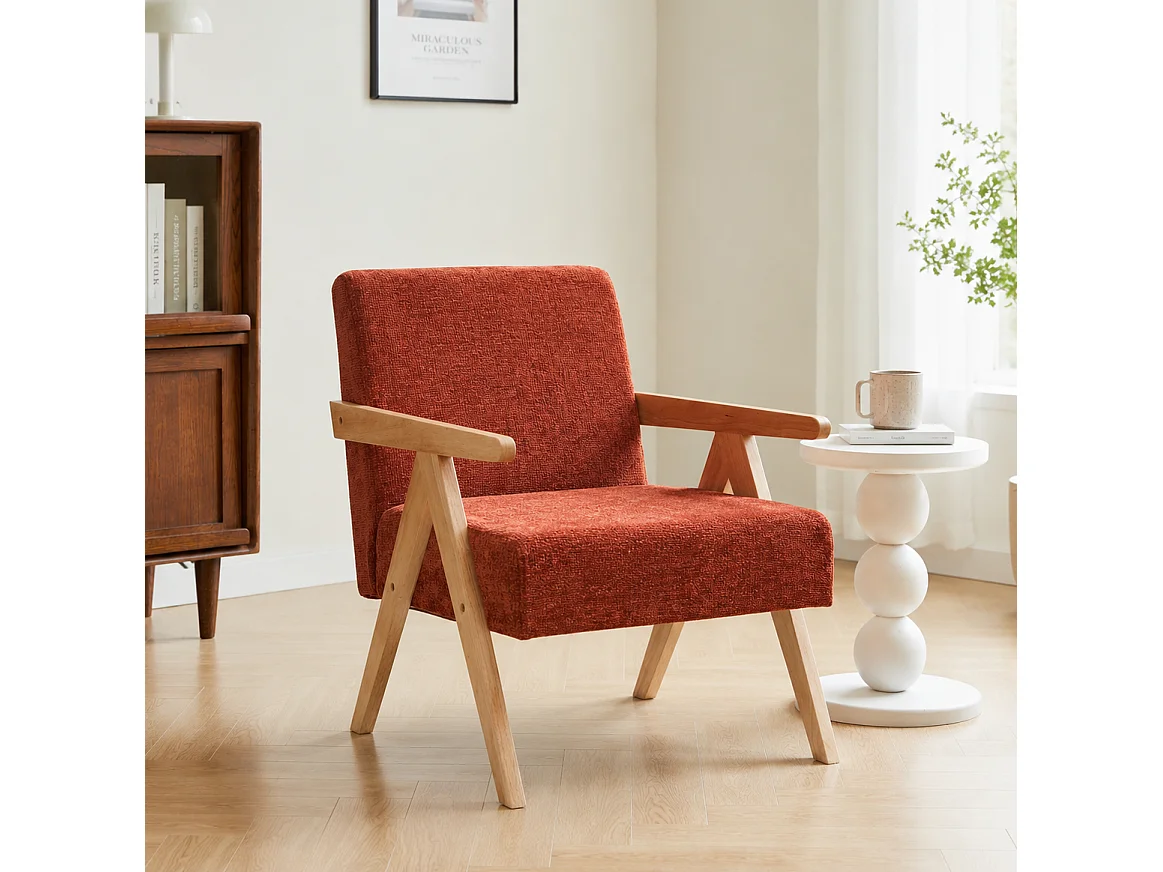 Fauteuil de salon en bois massif et tissu terracotta