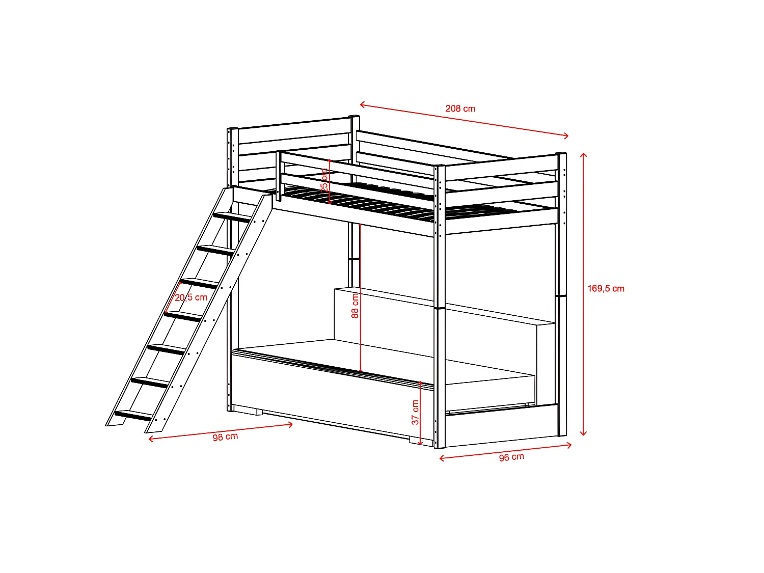Beliche-sofá madeira branco 170x208x96/140cm
