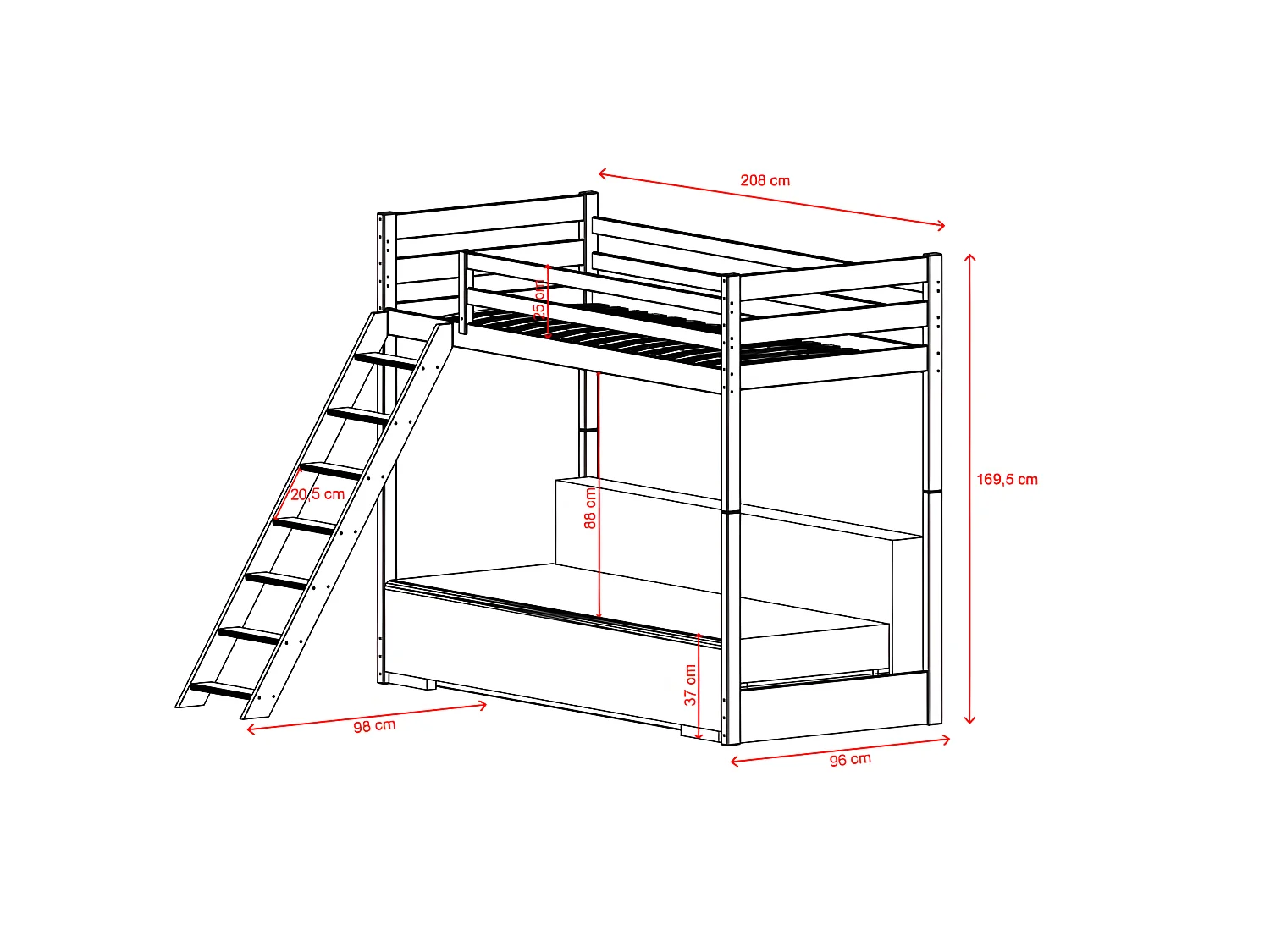 Beliche-sofá madeira branco 170x208x96/140cm