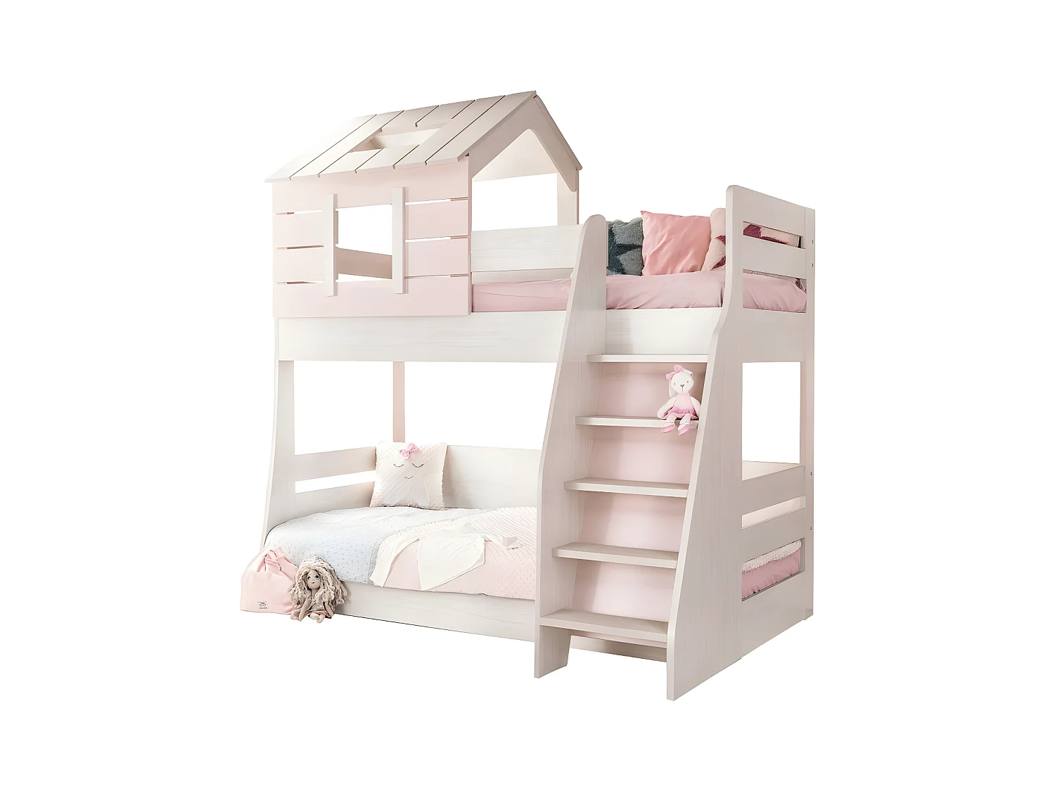 Lit superposé petite maison escalier droit aggloméré rose 90/100x200cm
