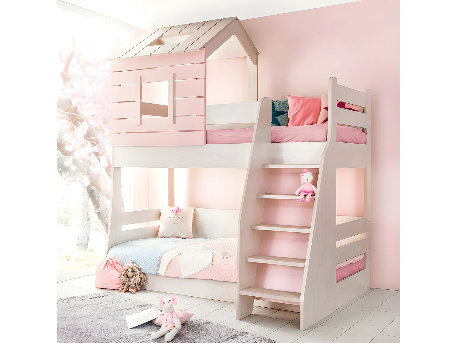 Lit superposé petite maison escalier droit aggloméré rose 90/100x200cm