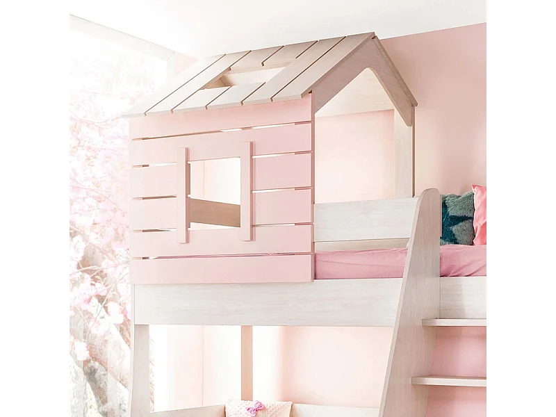 Lit superposé petite maison escalier droit aggloméré rose 90/100x200cm
