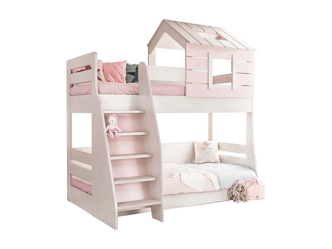 Huisjesstapelbed met trap rechts spaanplaat roze 90/100x200cm