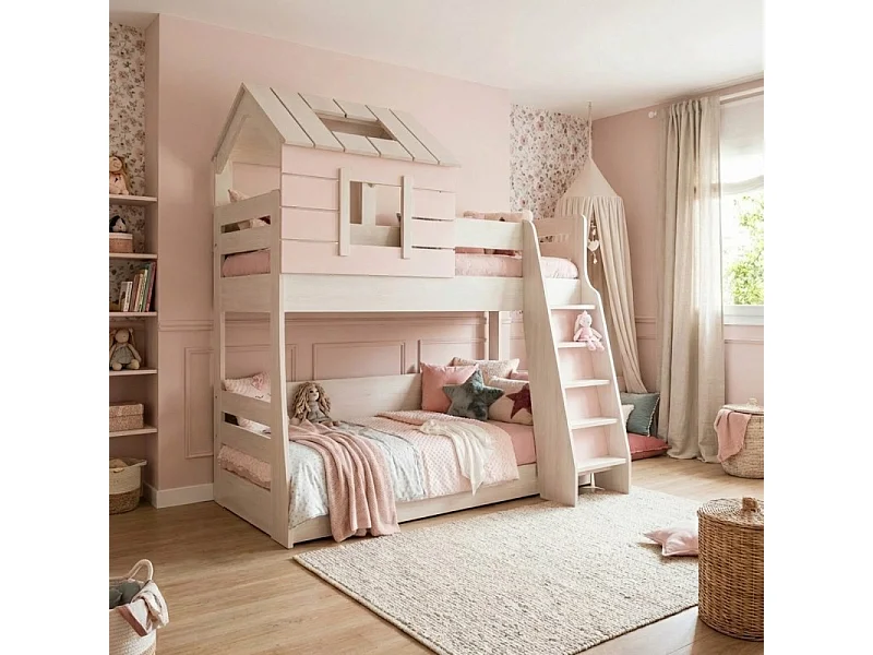 Etagenbett Häuschen Treppe rechts rosa 90/100x200cm