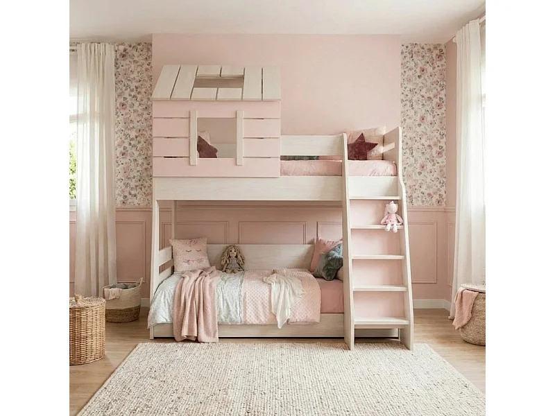 Etagenbett Häuschen Treppe rechts rosa 90/100x200cm