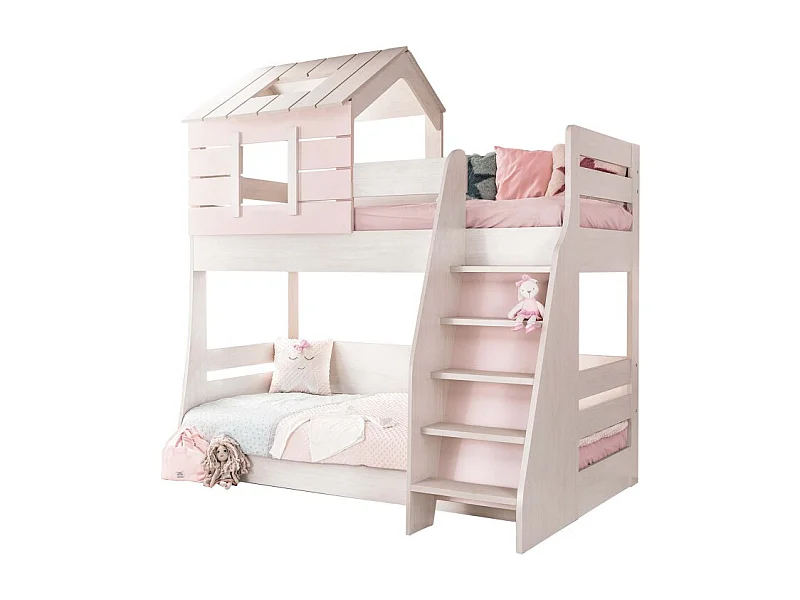 Etagenbett Häuschen Treppe rechts rosa 90/100x200cm