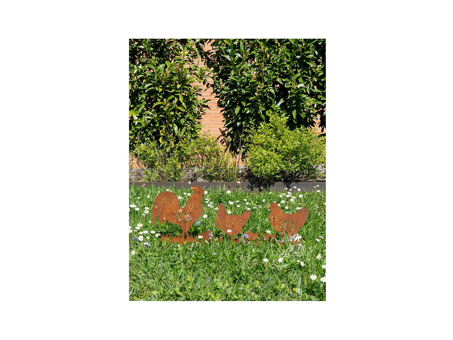 Décor de jardin Poules et Coq en métal vieilli