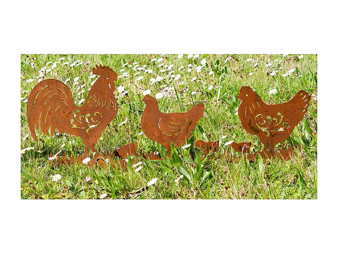 Décor de jardin Poules et Coq en métal vieilli