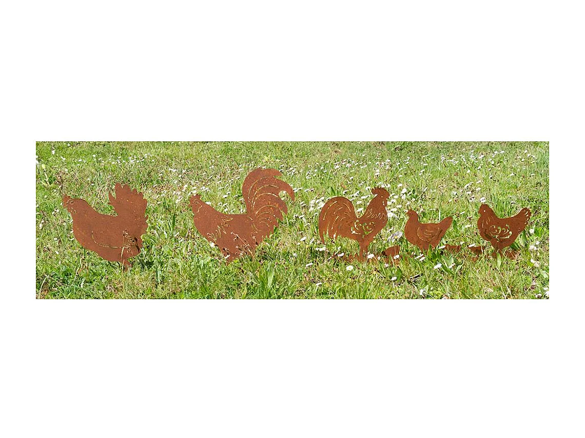 Décor de jardin Poules et Coq en métal vieilli