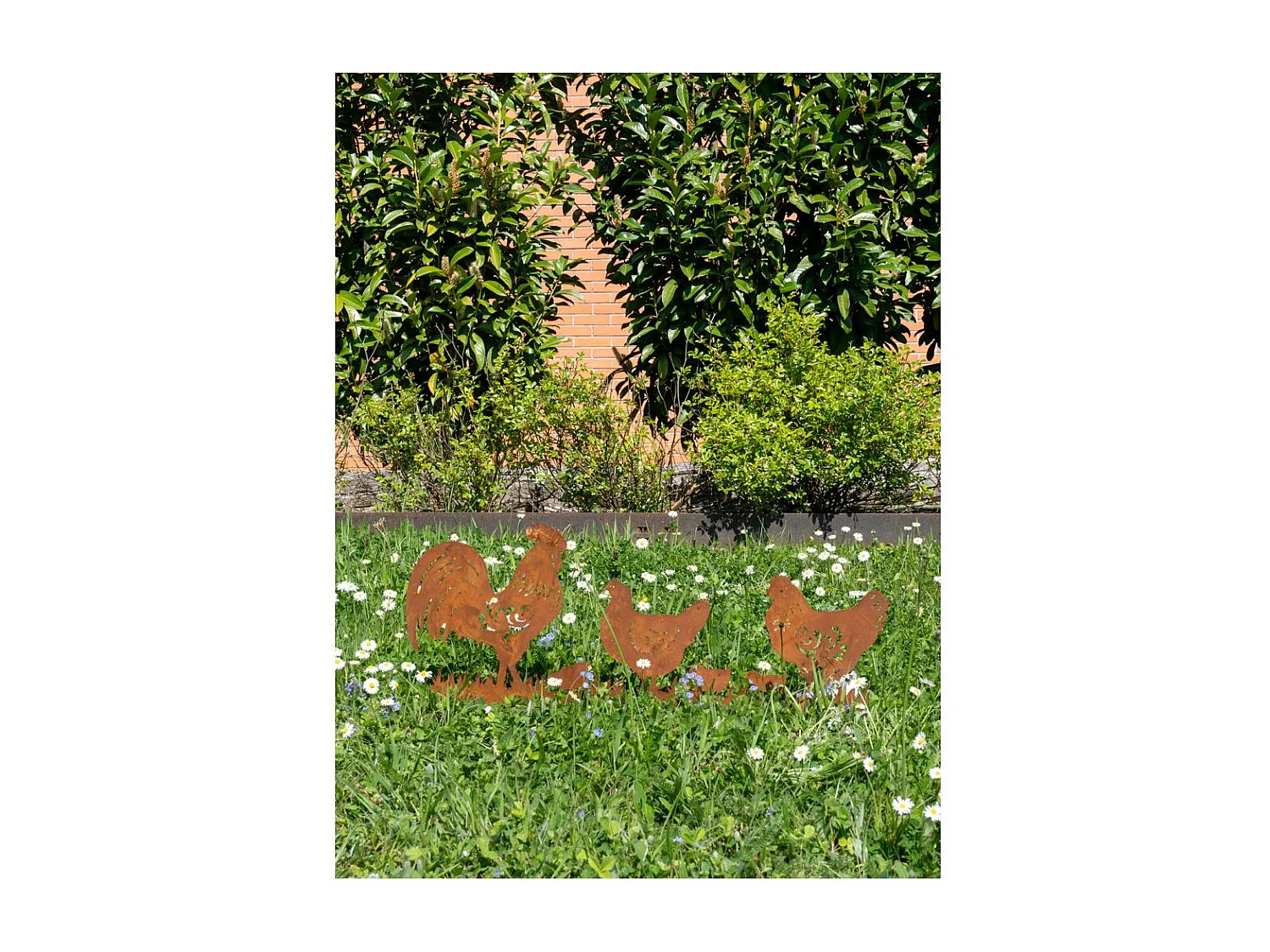 Décor de jardin Poules et Coq en métal vieilli