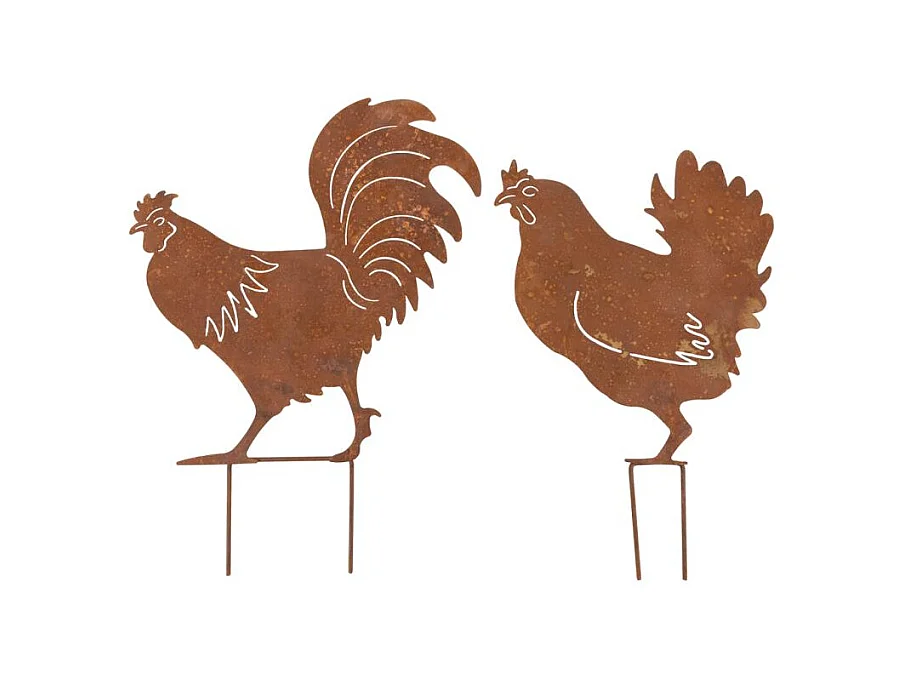 Décors de jardin en métal poule + coq (lot de 2)
