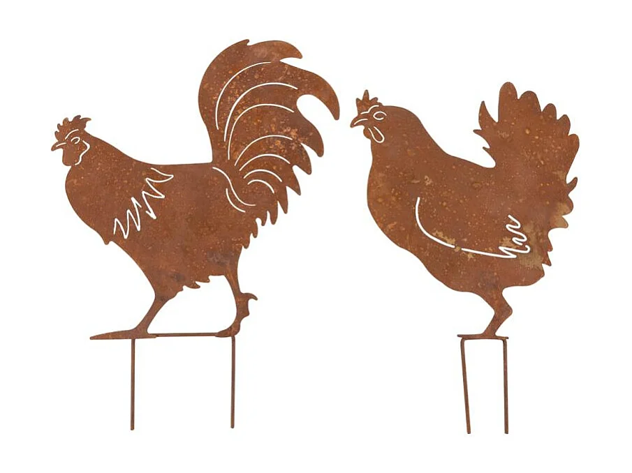 Décors de jardin en métal poule + coq (lot de 2)