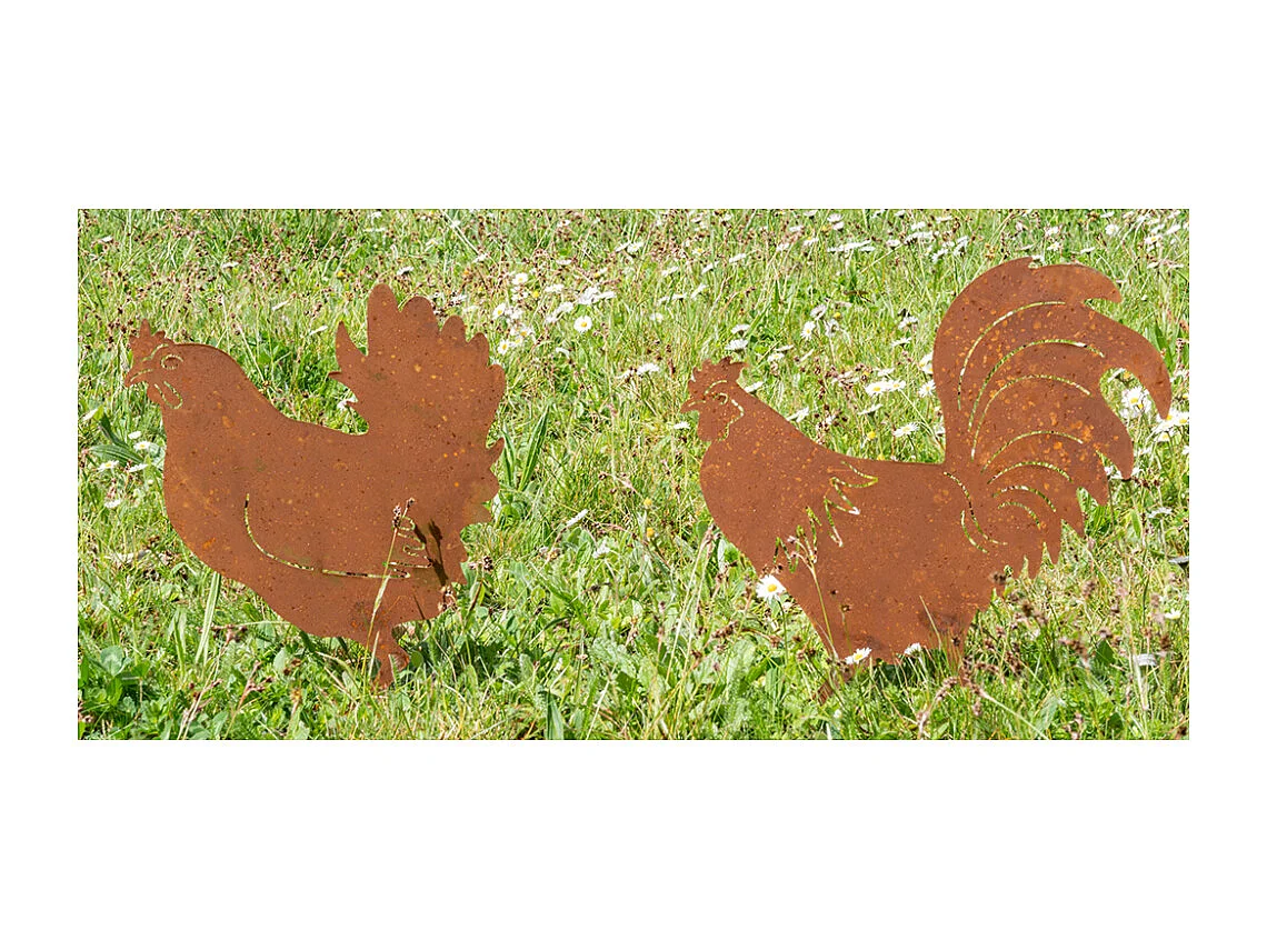 Décors de jardin en métal poule + coq (lot de 2)