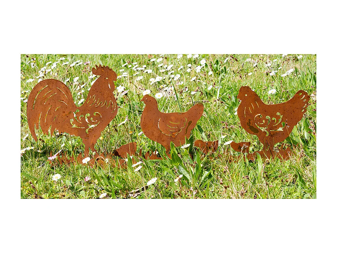 Décors de jardin en métal poule + coq (lot de 2)