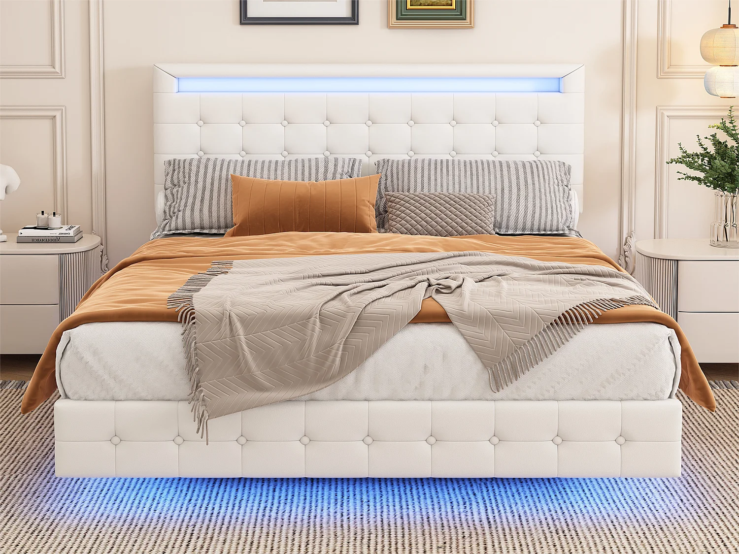 Cama de adulto 140x200cm - com LED e controle remoto - em imitação de couro - Branco